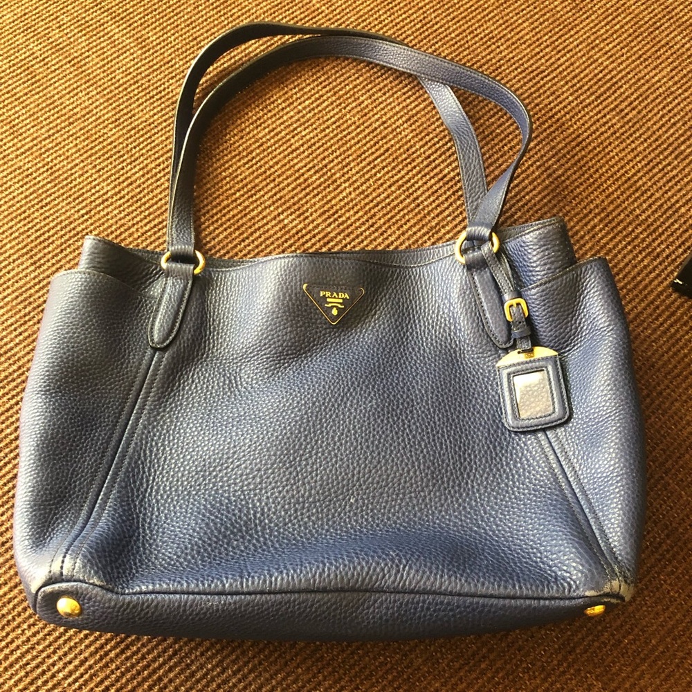 Blue Prada leather tote, has dust bag, authenticity cards and box
